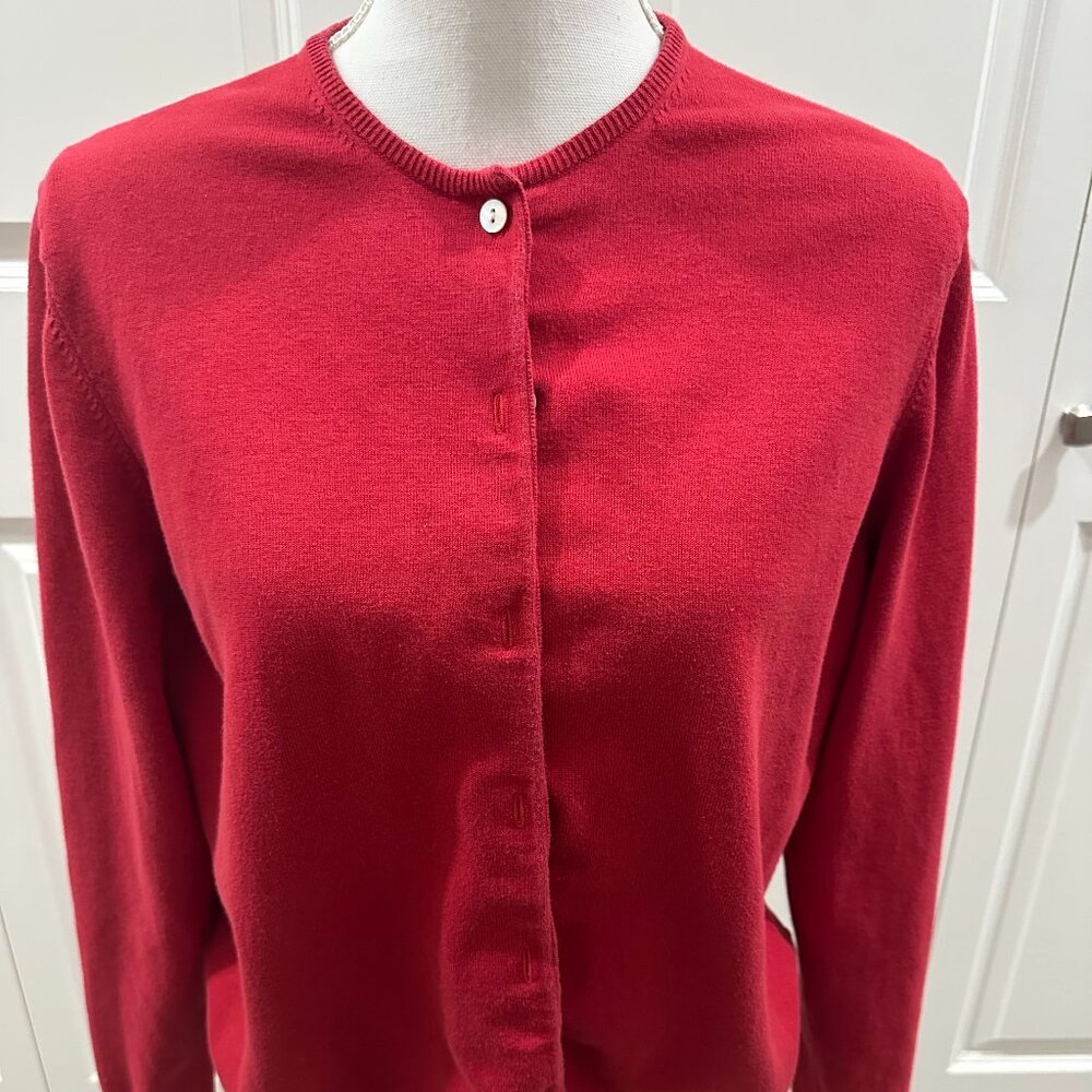Lands End button-up red cardigan, size large (14-16)